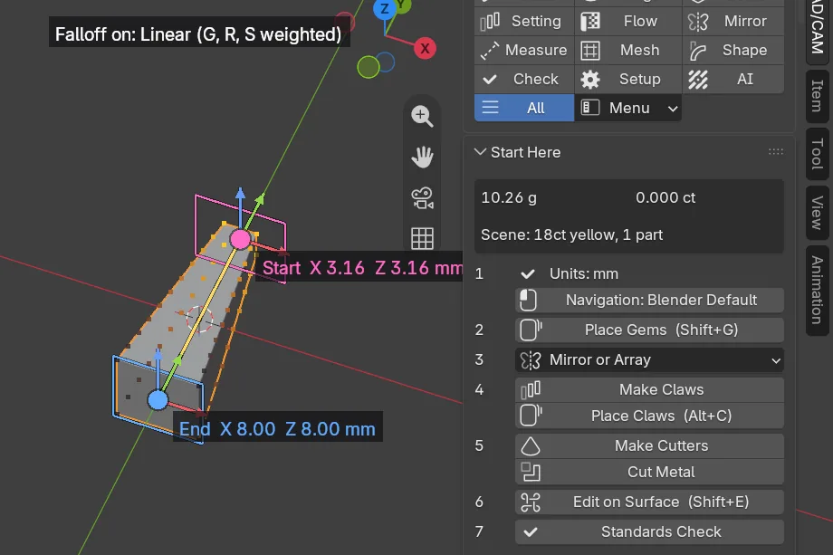 A block shaped with Falloff: start and end handles in the 3D view, labelled with their positions in millimetres