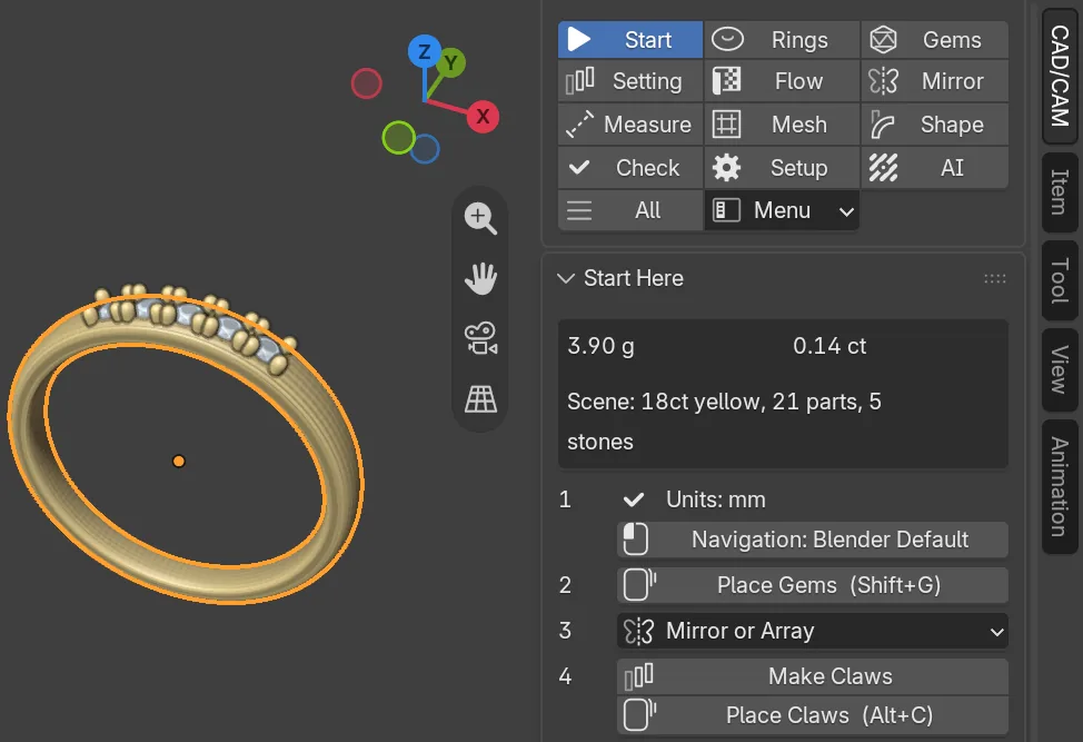 The Start Here panel: numbered buttons for units, navigation, placing gems, claws, cutting metal and the standards check, beside a ring