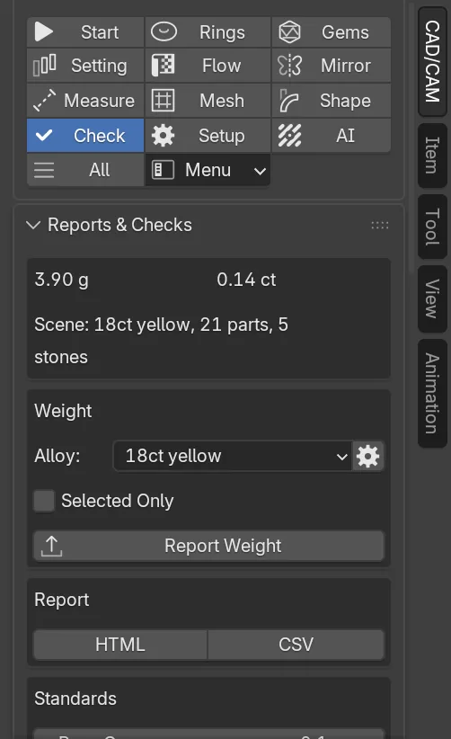 The CAD/CAM sidebar with the Check section chosen in the section bar, and its panels below