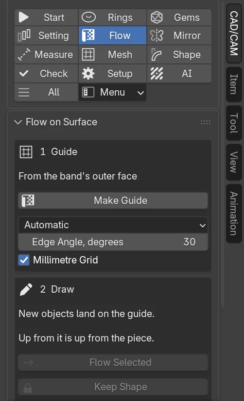 The CAD/CAM sidebar with the Flow section chosen in the section bar, and its panels below