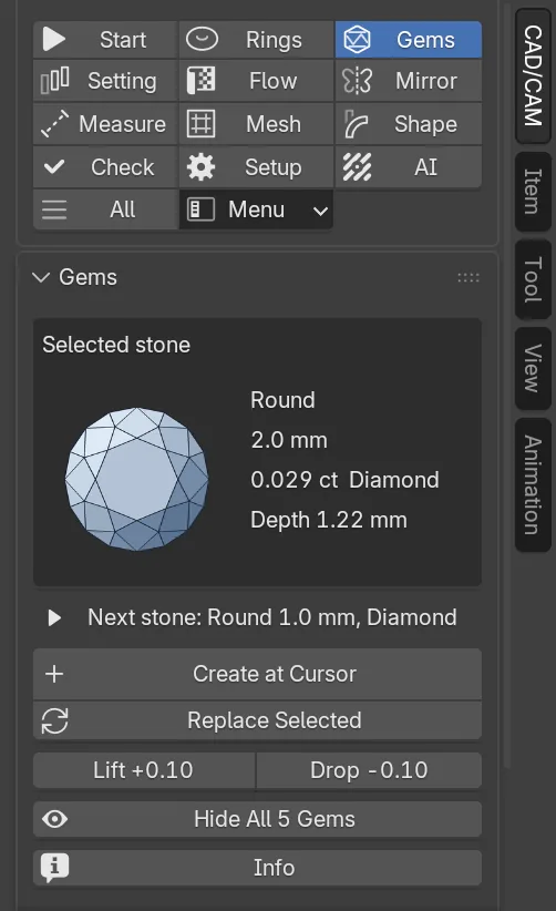 The CAD/CAM sidebar with the Gems section chosen in the section bar, and its panels below