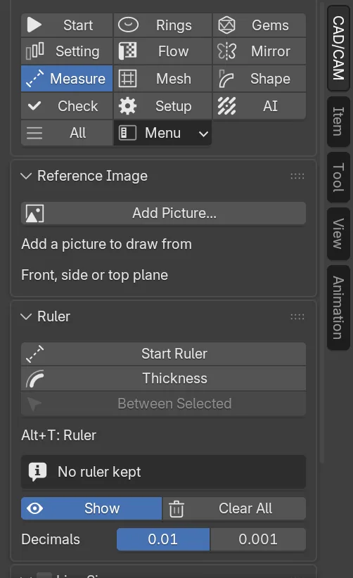 The CAD/CAM sidebar with the Measure section chosen in the section bar, and its panels below