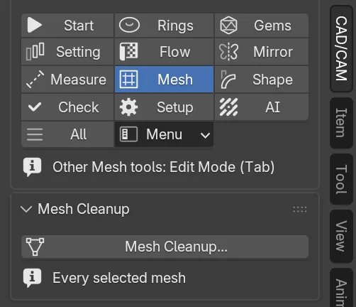 The CAD/CAM sidebar with the Mesh section chosen in the section bar, and its panels below