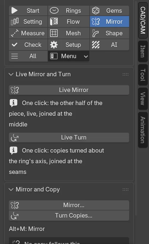 The CAD/CAM sidebar with the Mirror section chosen in the section bar, and its panels below