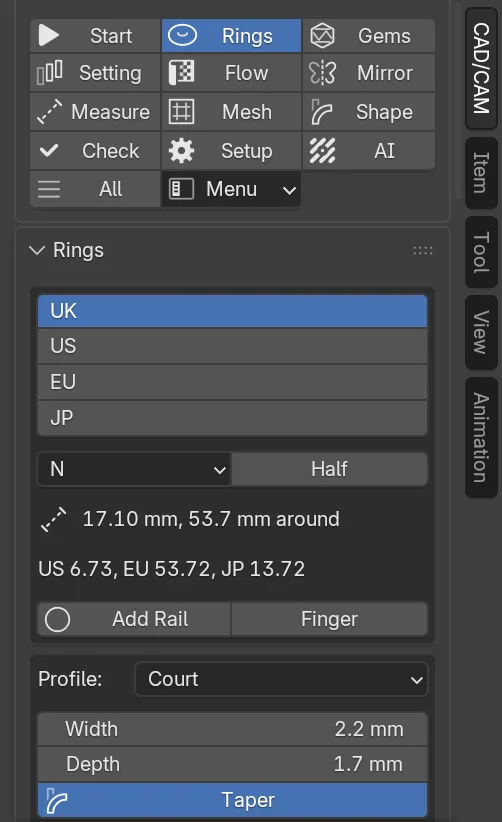 The CAD/CAM sidebar with the Rings section chosen in the section bar, and its panels below