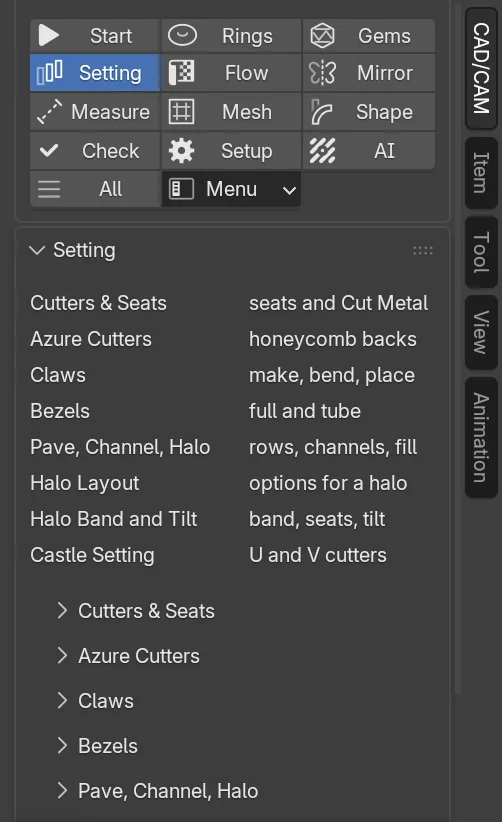 The CAD/CAM sidebar with the Setting section chosen in the section bar, and its panels below