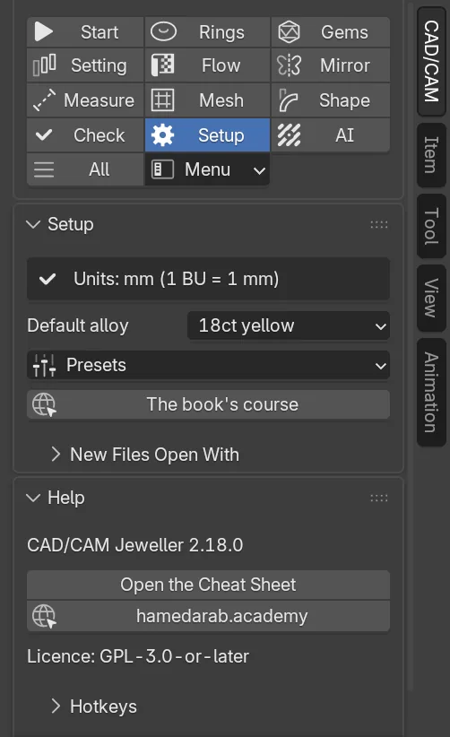 The CAD/CAM sidebar with the Setup section chosen: the Setup panel with its units line, default alloy, Presets and The book's course button, above the Help panel, whose first line reads CAD/CAM Jeweller 2.18.0