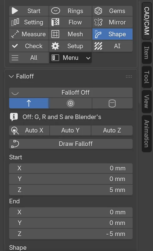 The CAD/CAM sidebar with the Shape section chosen in the section bar, and its panels below