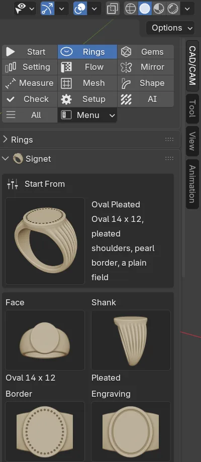 The Signet panel in the Rings section of the CAD/CAM sidebar