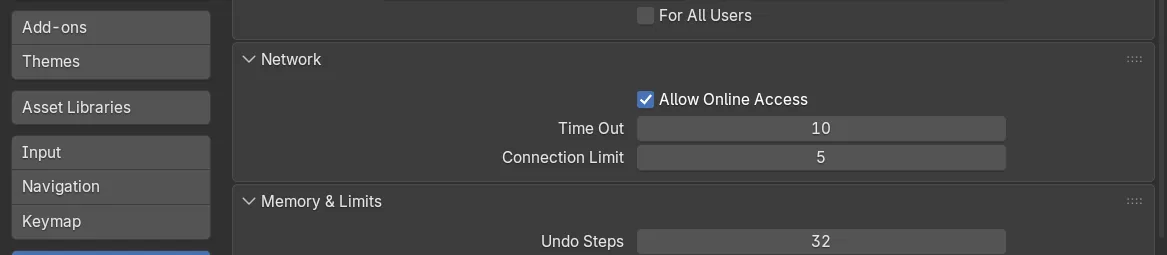 Blender's Preferences on the System tab, with the Network panel open and the Allow Online Access switch ticked