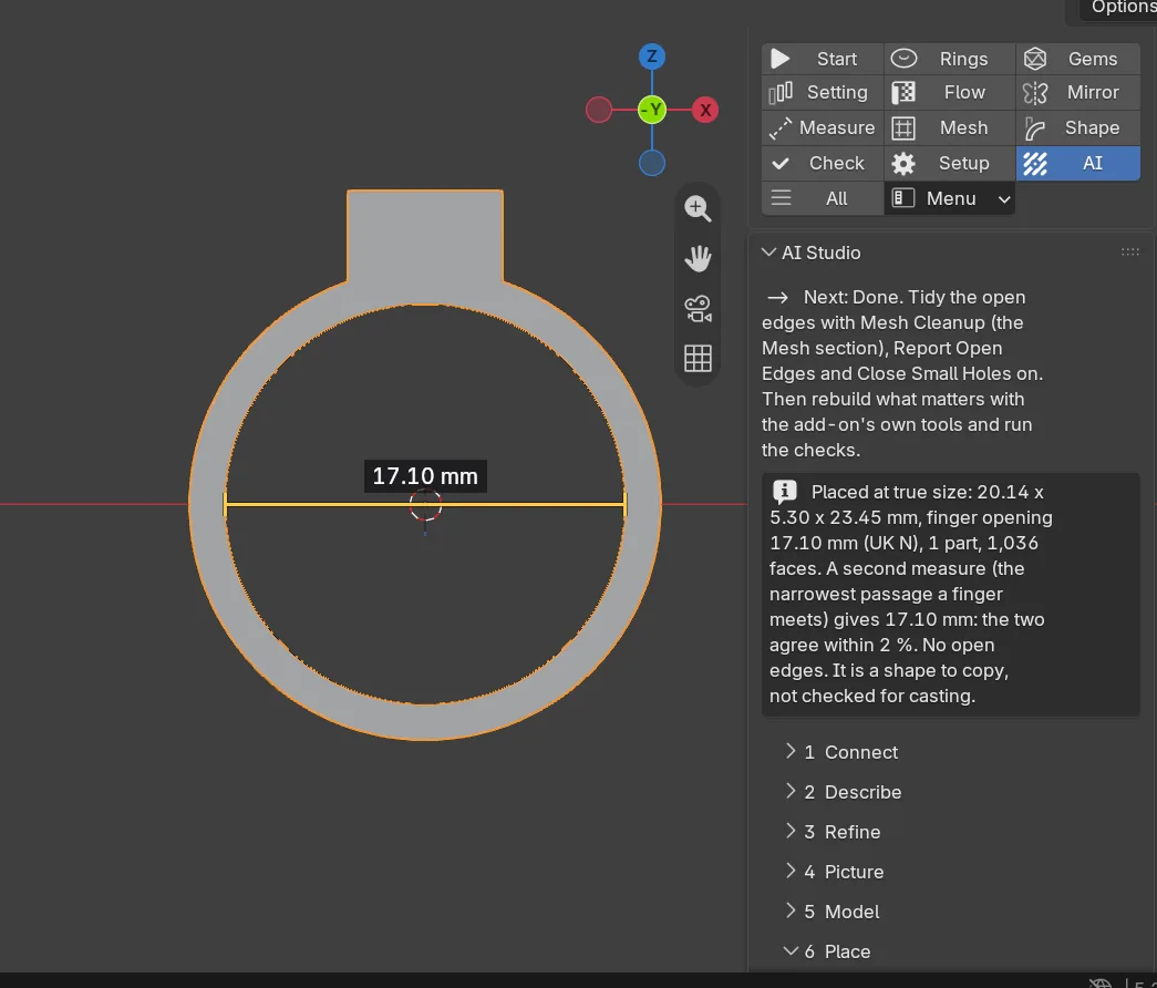 A sample ring model placed at true size, seen from the front with a ruler reading 17.10 mm across its finger opening, beside the AI Studio panel and its Placed at true size sentence