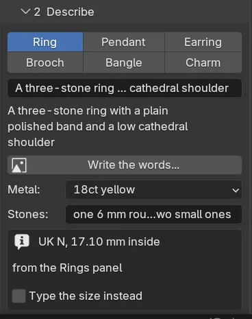 The Describe step of AI Studio: the piece buttons with Ring chosen, the words box, Metal, Stones and the size from the Rings panel. The picture ends after the size line