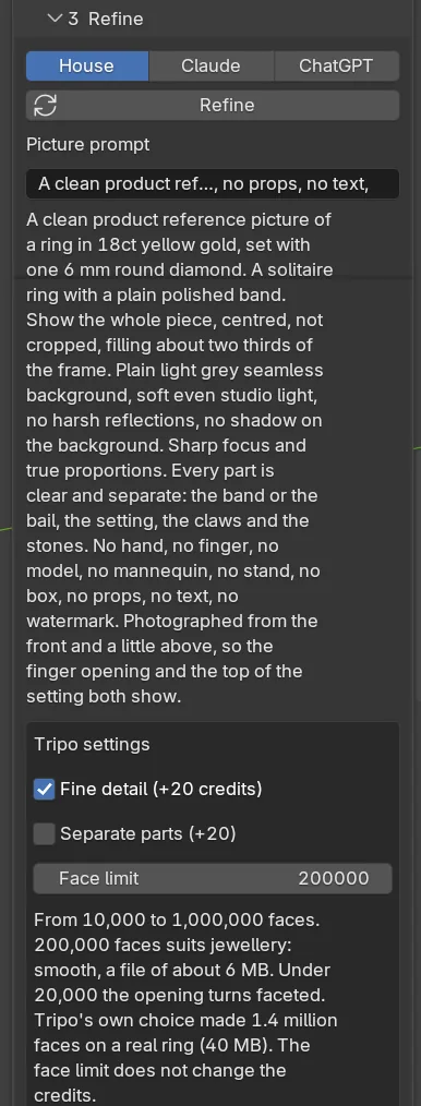 The Refine step of AI Studio: the House, Claude and ChatGPT buttons, the Refine button, the Picture prompt box with its text and the Tripo settings box with Fine detail, Separate parts and Face limit