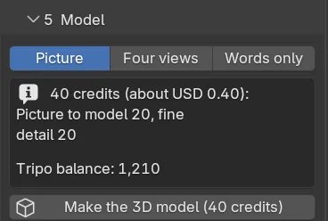The Model step of AI Studio: Picture, Four views and Words only, the cost box, the Tripo balance and the Make the 3D model button