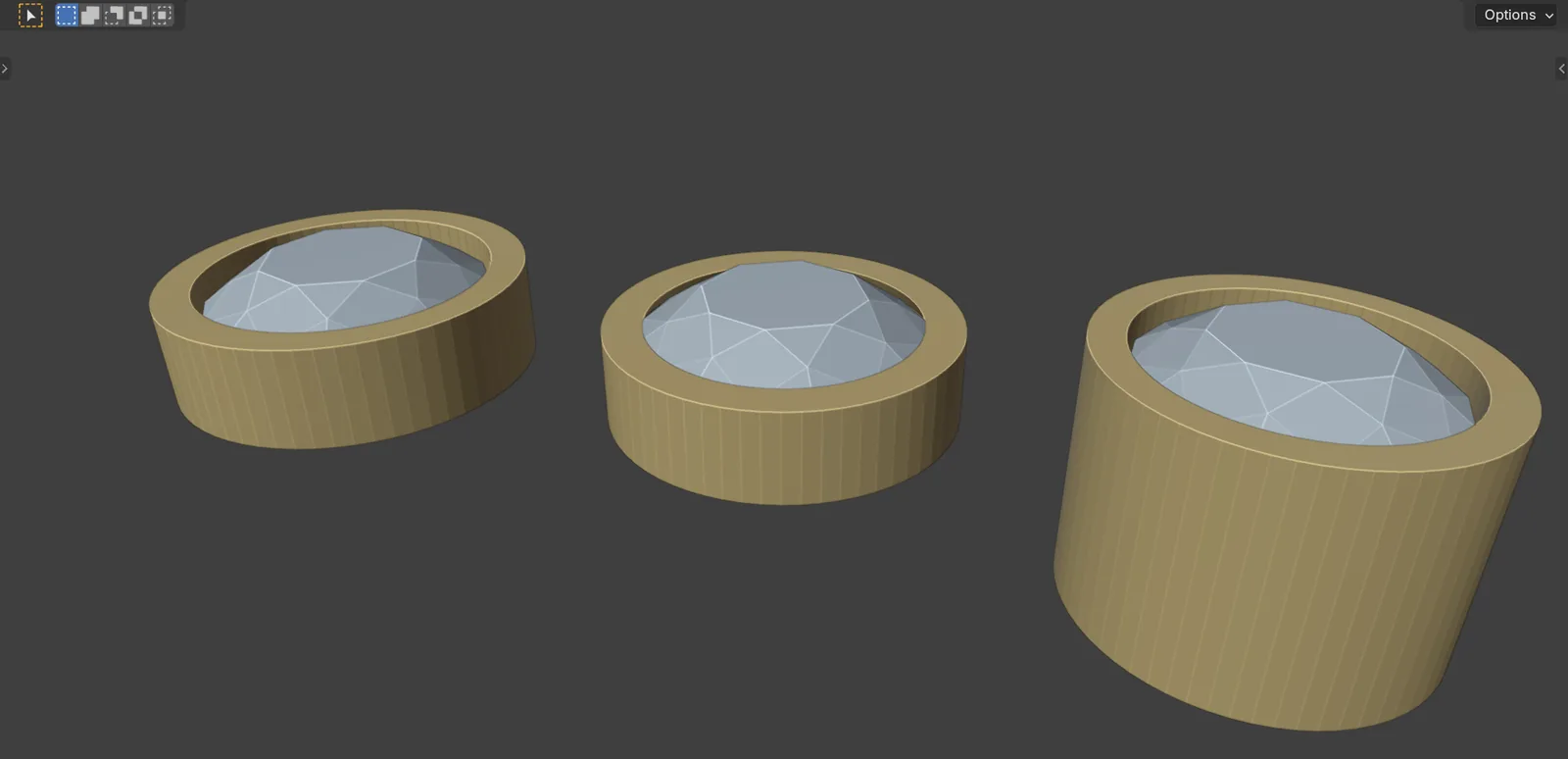 Three round stones in a row, each in a different bezel: Full, Rub over and Tube