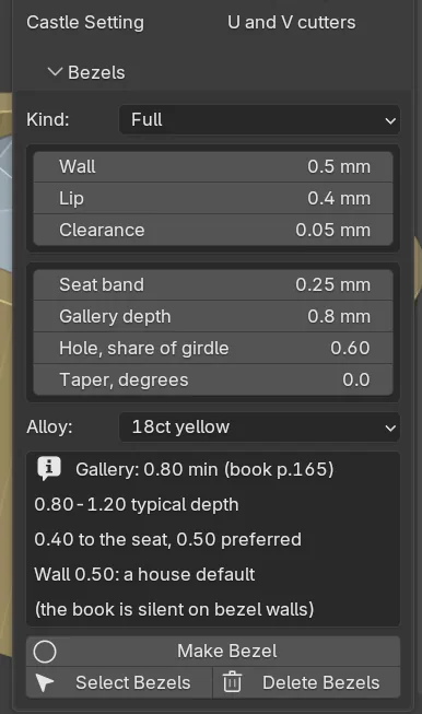 The Bezels panel: Kind, the wall and lip fields, the seat fields, Alloy and the Make, Select and Delete Bezels buttons