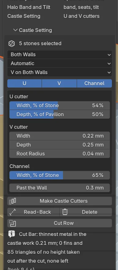 The Castle Setting panel: the drop-downs, the U, V and Channel switches, the figures and the buttons