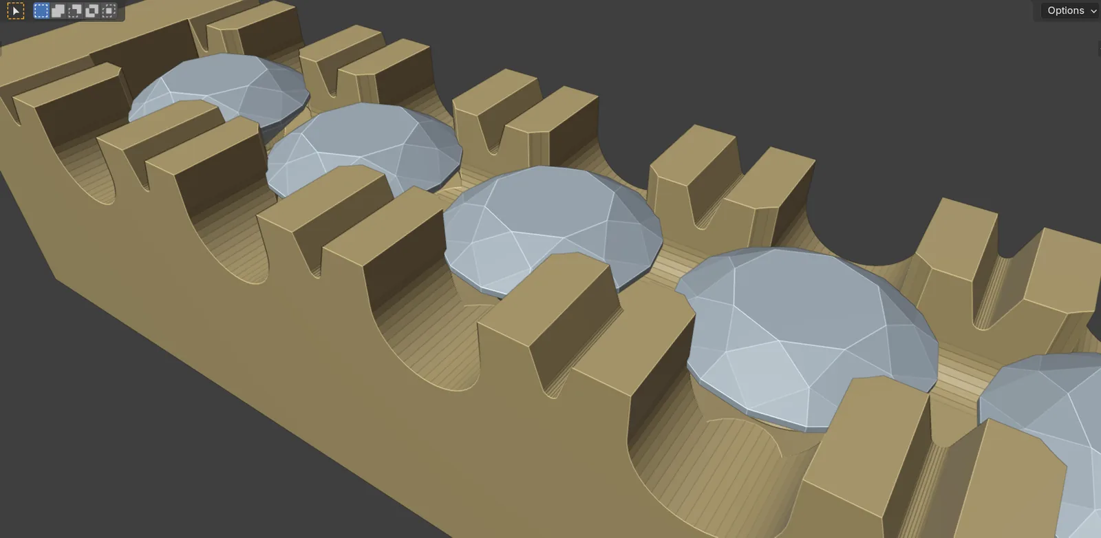 The castle row close up: the U cuts, the V cuts and the channel between the walls