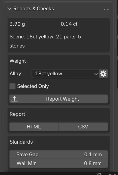 The Reports and Checks panel: the weight card in grams and carats, the Scene line, the Weight box with Alloy and Report Weight, and the start of the Standards box