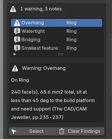 The findings box of Reports and Checks after Run Print Check on a test ring: the verdict line 1 warning, 3 notes, a list of four findings with a warning triangle and note icons, the detail of the selected row and the Select and Clear Findings buttons