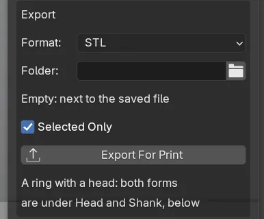 The Export box of Reports and Checks: the Format list set to STL, the empty Folder box with the line Empty: next to the saved file, Selected Only ticked, the Export For Print button and the note about Head and Shank