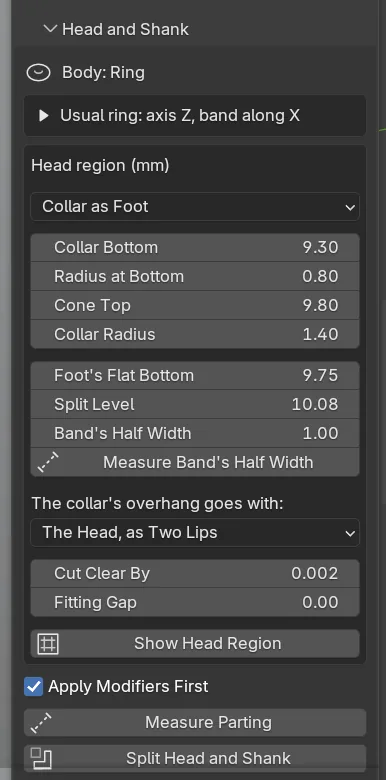 The Head and Shank sub-panel: the Body line, the frame line Usual ring: axis Z, band along X, the Head region box on Collar as Foot with its fields, the overhang list, and the Measure Parting and Split Head and Shank buttons