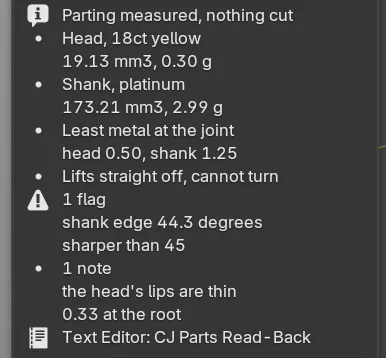The read-back under Measure Parting: the head and the shank with metal, volume and weight, the least metal each side of the joint, the lift-off and turn line, one flag, one note and the line Text Editor: CJ Parts Read-Back