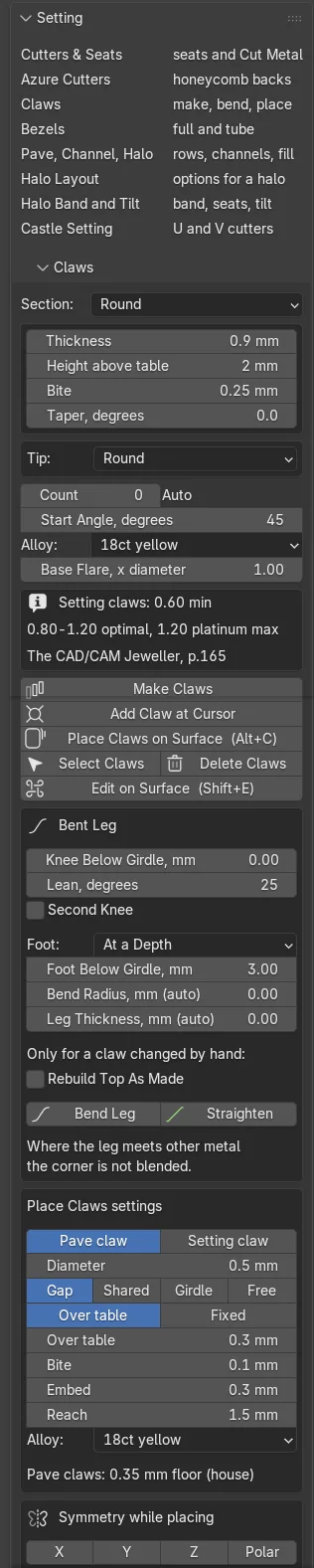 The Claws panel in the Setting section: Section, Thickness, Height above table, Bite, Taper, Tip, Count, Start Angle and Alloy, the buttons, the Bent Leg box and the start of the Place Claws settings box