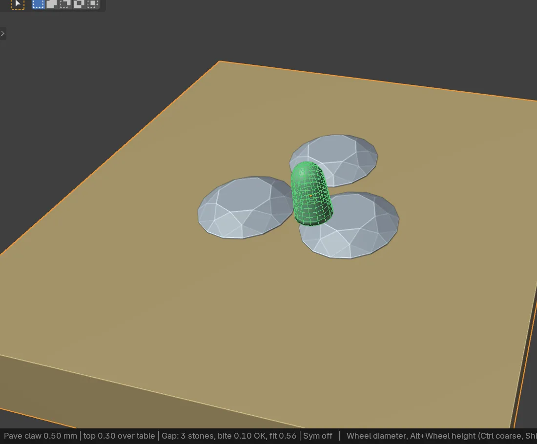 A small pave claw previewed in green in the gap between three stones on a plate, with the Place Claws read-out in the status bar below