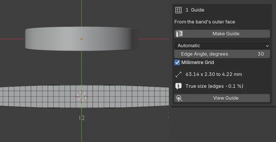 The guide strip below a ring band with its outline, millimetre grid and o'clock marks, and the 1 Guide box showing the size line and True size