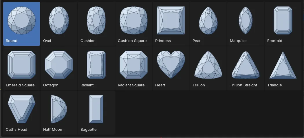 The picture grid of all nineteen stone cuts open over the Gems panel, each cut with its name, Round highlighted