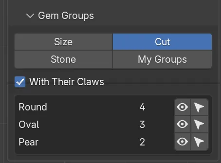 The Gem Groups panel with Cut chosen: rows for Round 4, Oval 3 and Pear 2, each with an eye and an arrow