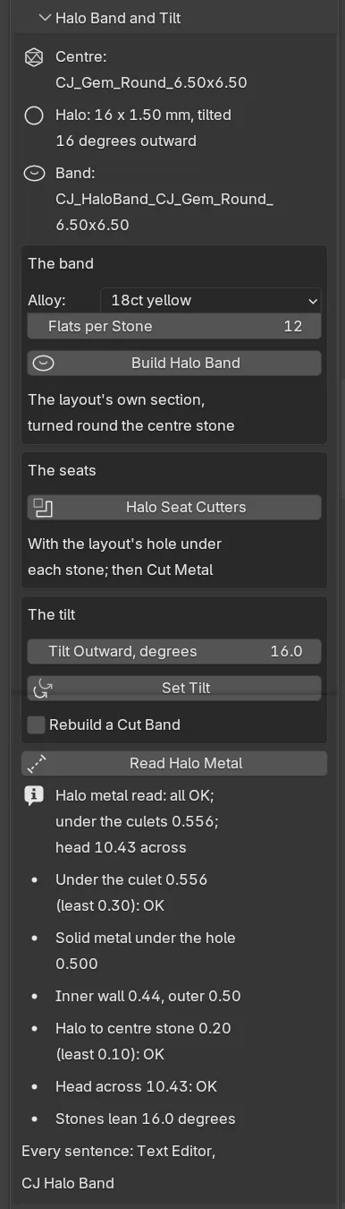 The Halo Band and Tilt panel: the Centre and Halo lines, The band box, The seats box, The tilt box with Read Halo Metal, then the read-back list with its OK marks