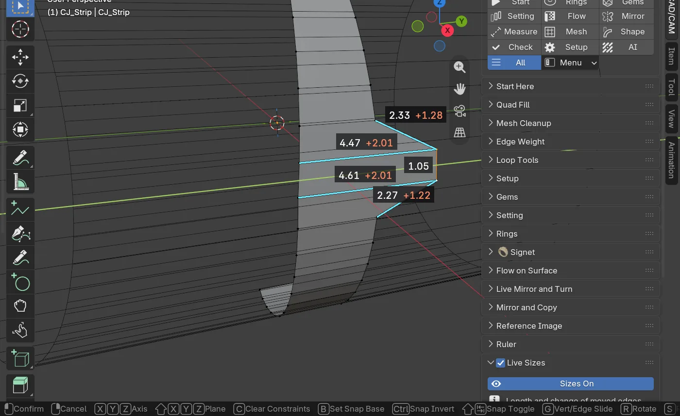 Live Sizes in Edit Mode on a curved strip: the length of each edge that meets the moved point, each followed by the change since the move began, with Sizes On in the panel