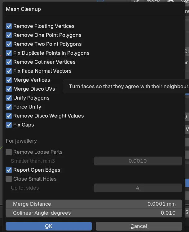 The Mesh Cleanup window: the ticked rows, the For jewellery block, Merge Distance, Colinear Angle and OK