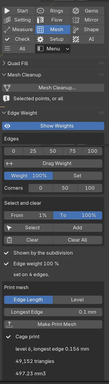 The Edge Weight panel in Edit Mode: Show Weights, the Edges and Corners boxes, Select and clear, and the Print mesh box with Make Print Mesh