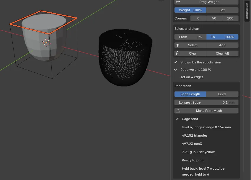 A subdivided, weighted cage shaped like a rounded cup and its print object side by side in the 3D view, with the Print mesh box: Edge Length, Longest Edge, Make Print Mesh and the read-back ending Ready to print