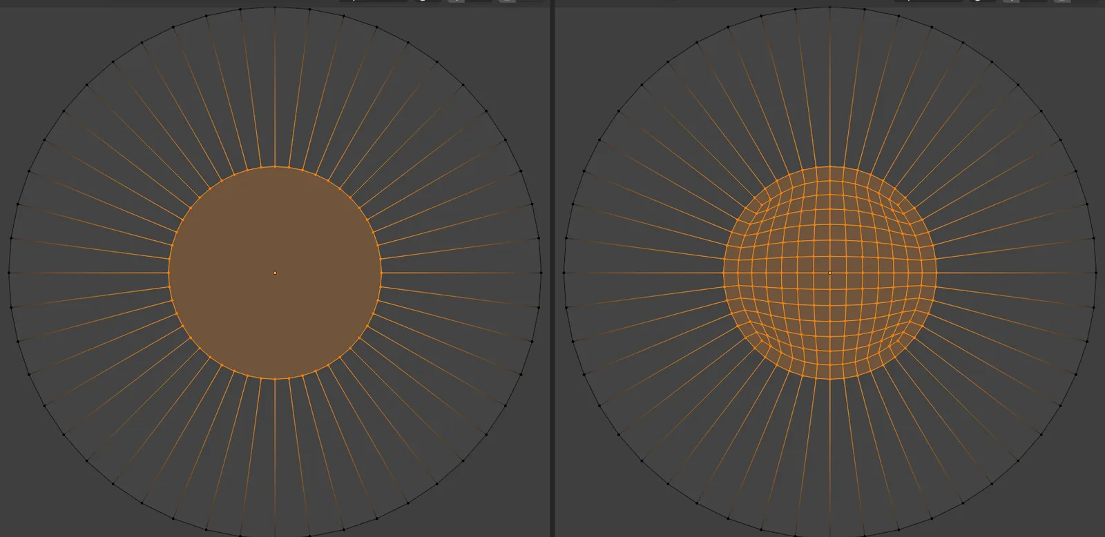 A flat plate with a round hole, seen from above in wireframe twice: on the left the hole is closed by one selected face, on the right Quad Fill has filled it with rings of quads and a grid