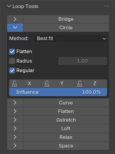 The Loop Tools panel in Edit Mode with Circle opened to show Method, Flatten, Radius, Regular, the X, Y and Z locks and Influence, above the closed Curve, Flatten, Gstretch, Loft, Relax and Space