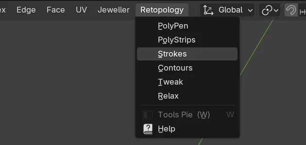 The Retopology menu open under its header label in Edit Mode, listing PolyPen, PolyStrips, Strokes, Contours, Tweak, Relax, Tools Pie (W) and Help