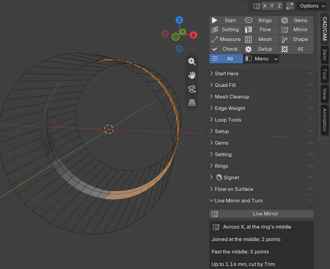 Half of a thin ring strip edited in Edit Mode with the other half shown live and joined at the bottom, and the Live Mirror report lines in the sidebar