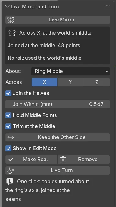 The Live Mirror and Turn panel with a Live Mirror running: the report box with three lines, the About drop-down, the Across X, Y and Z buttons, Join the Halves with Join Within, Hold Middle Points, Trim at the Middle, Keep the Other Side, Make Real and Remove