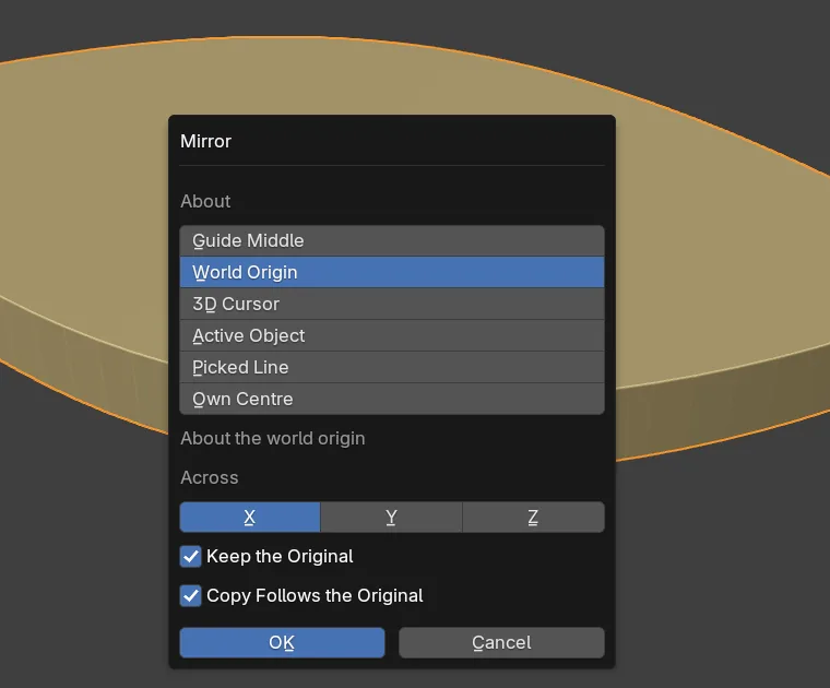 The Mirror window over a leaf-shaped piece: About shown as an open list with World Origin lit, Across, Keep the Original and Copy Follows the Original both ticked, and the OK button
