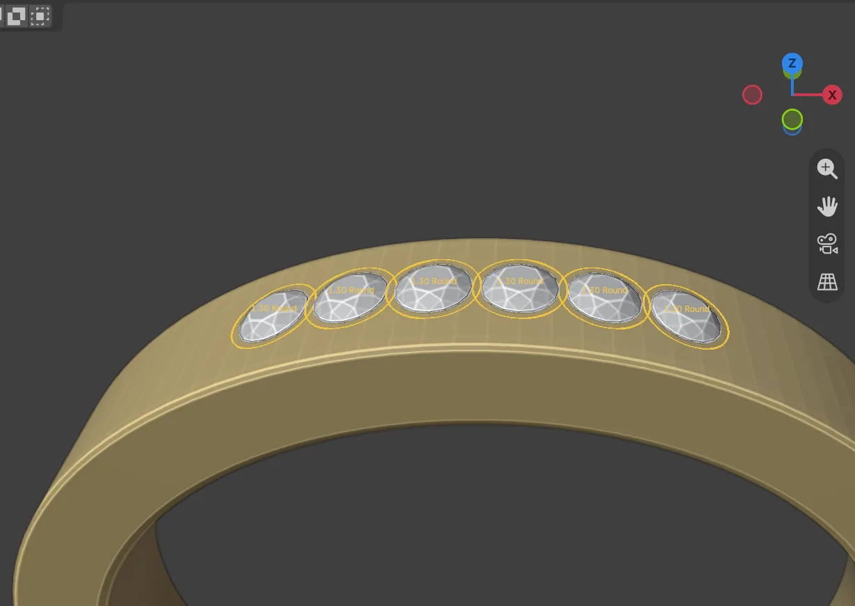 A row of six small round stones on a flat band, each with its guide ring and gap label