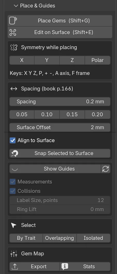 The Place & Guides panel: two large buttons, Symmetry while placing, Spacing with its four presets, the guides box, Select and Gem Map