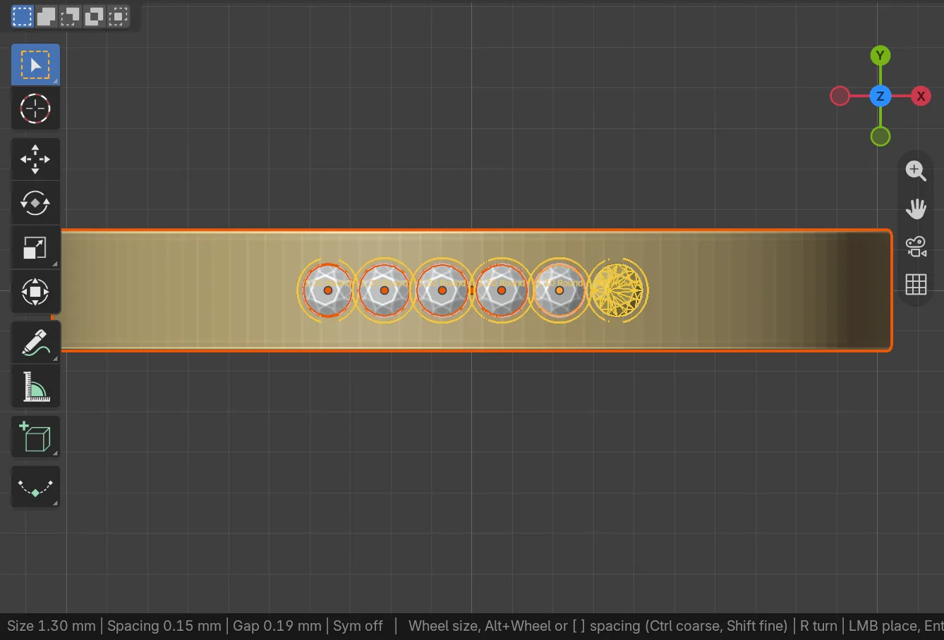 The Place Gems preview stone drawn in amber beside placed stones, with the status bar showing size, spacing and gap