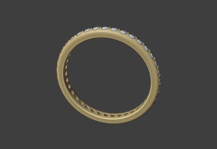 A ring band with a ring of small round stones set all the way round it, each in its seat