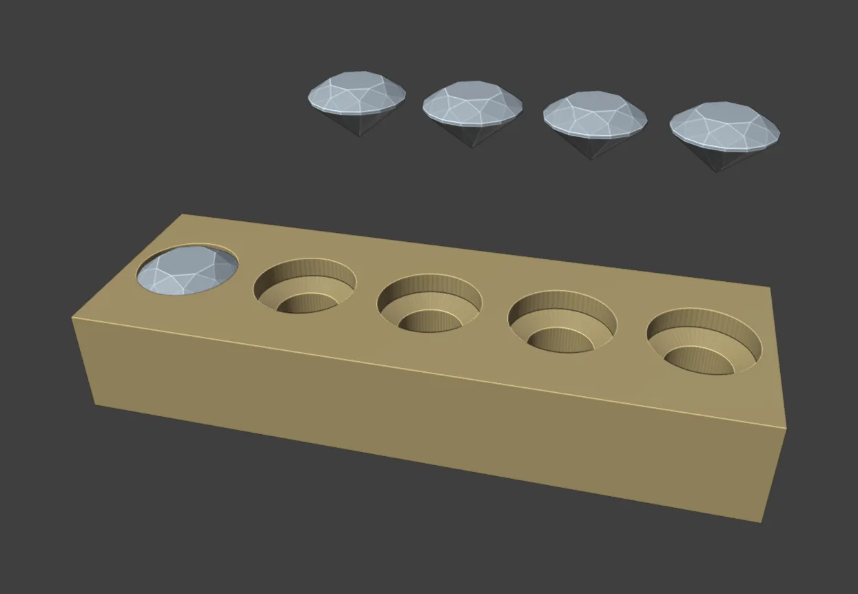 A small gold plate with five round seats cut into it: one stone sits in its seat and four hover above and behind the plate