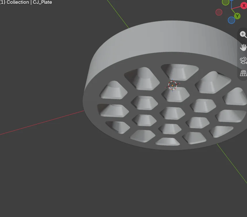The back of a round plate seen from below, with honeycomb cells cut under a field of stones