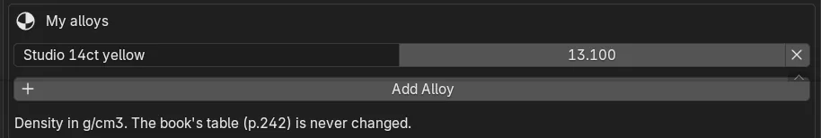 The My alloys box in the add-on's preferences: one alloy row with a name and a density in grams per cubic centimetre, the Add Alloy button and the line saying the book's table is never changed
